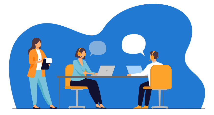 Ilustração de apoio ao cliente com pessoas sentadas numa mesa a comunicar